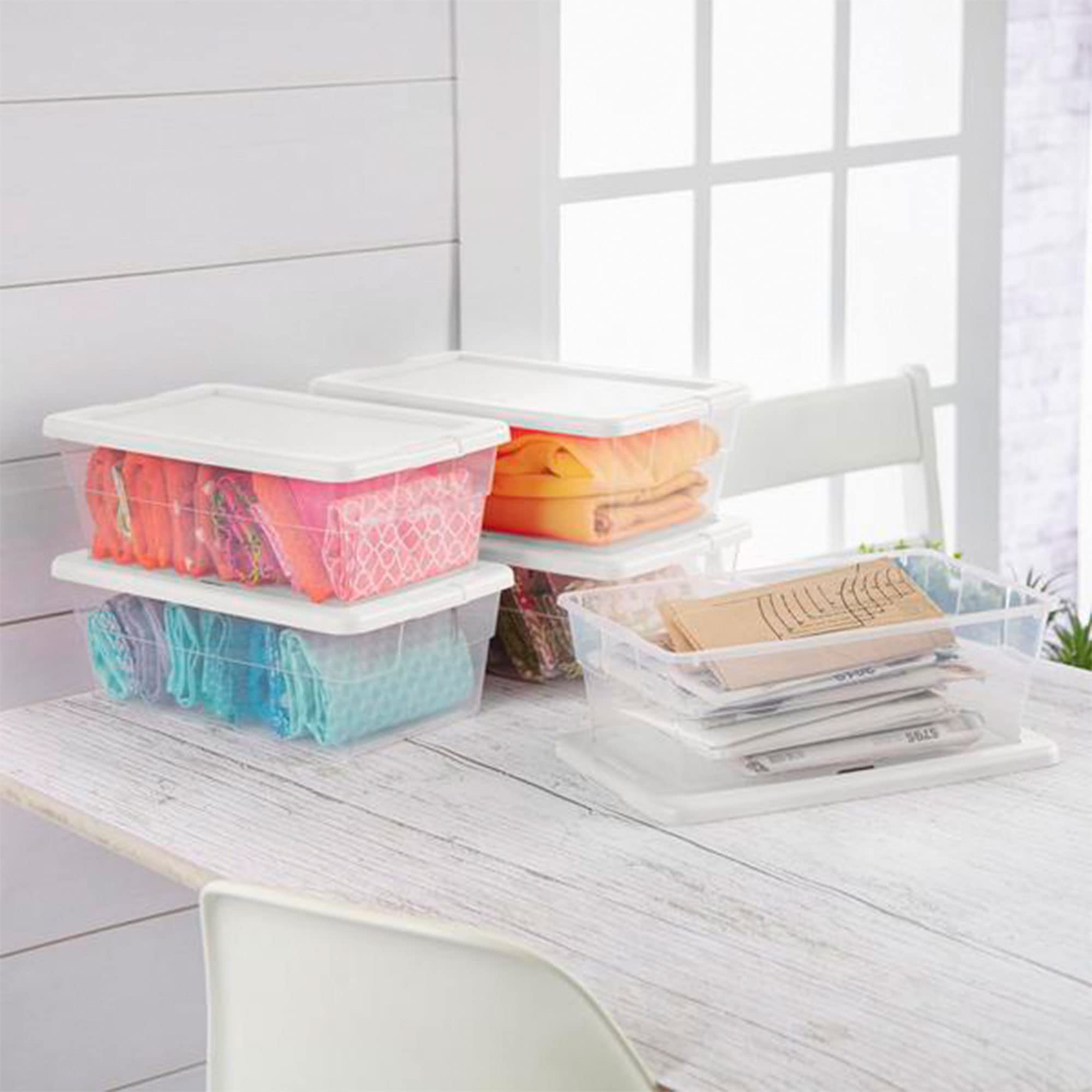 Sterilite 6 Quart Clear Stacking Closet Storage Tote Container with White Lid