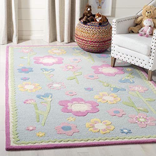 SAFAVIEH Kids Collection Accent Rug - 4' x 6', Blue & Multi, Handmade Floral Wool, Ideal for High Traffic Areas in Entryway, Living Room, Bedroom (SFK311A)