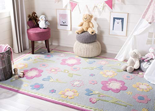 SAFAVIEH Kids Collection Accent Rug - 4' x 6', Blue & Multi, Handmade Floral Wool, Ideal for High Traffic Areas in Entryway, Living Room, Bedroom (SFK311A)