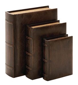 deco 79 wood faux book box with faux leather detailing, set of 3 13", 10", 8"h, brown