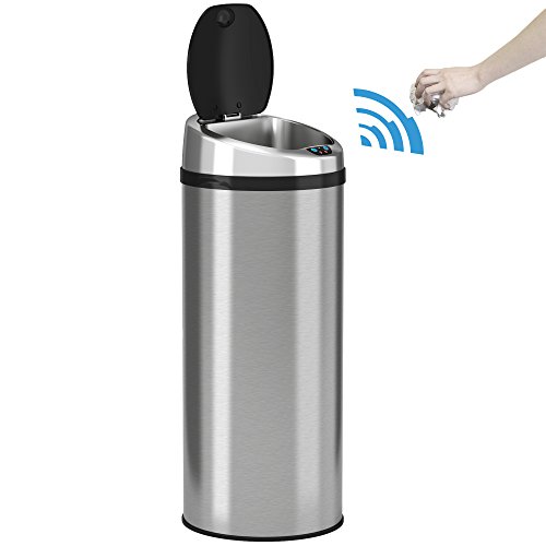 iTouchless 13 Gallon Sensor Garbage Can with AbsorbX Odor Control System, Stainless Steel, Round Touchless Automatic Trash Bin for Kitchen and Office