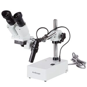 amscope se410 professional binocular stereo microscope, wf10x eyepieces, 10x magnification, 1x objective, tungsten lighting, boom-arm stand, 110v-120v