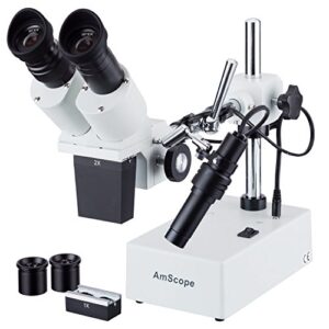 amscope se402y professional binocular stereo microscope, wf10x and wf15x eyepieces, 10x/15x/20x/30x magnification, 1x and 2x objectives, tungsten lighting, boom-arm stand, 110v-120v
