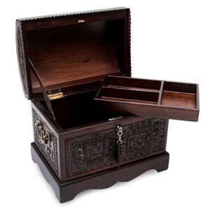 NOVICA Tooled Leather And Wood Handcrafted Treasure Chest Jewelry Box With Organizer Tray, 'Inca Domain'