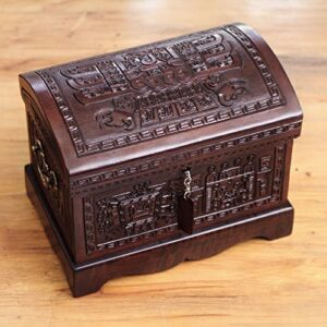 NOVICA Tooled Leather And Wood Handcrafted Treasure Chest Jewelry Box With Organizer Tray, 'Inca Domain'