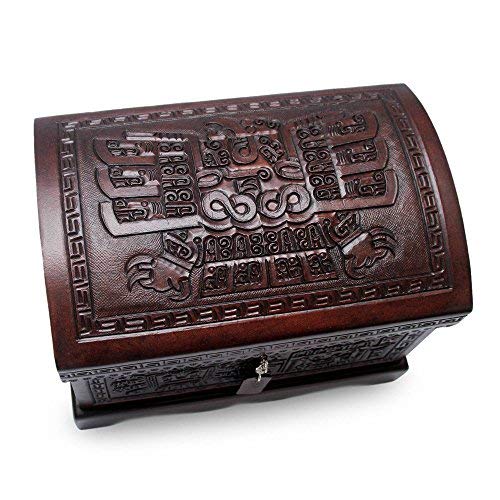 NOVICA Tooled Leather And Wood Handcrafted Treasure Chest Jewelry Box With Organizer Tray, 'Inca Domain'