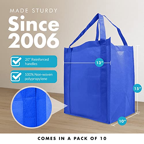 Simply Green Solutions - Reusable Grocery Bags, Wide Tote Bags with 20-Inch Reinforced Handle, Shopping Bags for Groceries, Reusable Gift Bags with Handles, 13 x 15 x 10, Pack of 10, Royal Blue