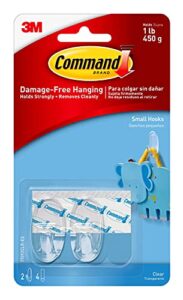 command small , damage free hanging wall hooks with adhesive strips, no tools wall hooks for hanging decorations in living spaces, 2 clear wall hooks and 4 command strips