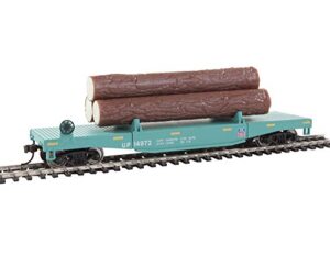 walthers trainline ho scale model log dump car with 3 logs - union pacific #14972 (mow scheme, green, yellow conspicuity marks)