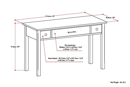 SIMPLIHOME Avalon SOLID WOOD Contemporary 47 Inch Wide Writing Desk in Dark Tobacco Brown, For the Office Desk, Writing Table, Workstation and Study Table