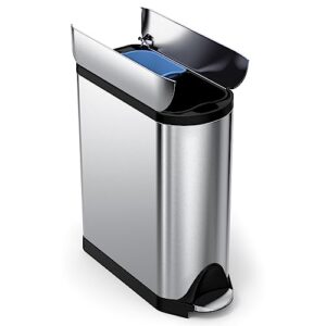simplehuman 40 liter / 10.6 gallon dual compartment butterfly lid kitchen recycling step trash can, brushed stainless steel
