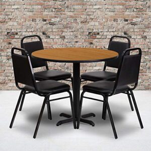 flash furniture carlton 36'' round natural laminate table set with x-base and 4 black trapezoidal back banquet chairs
