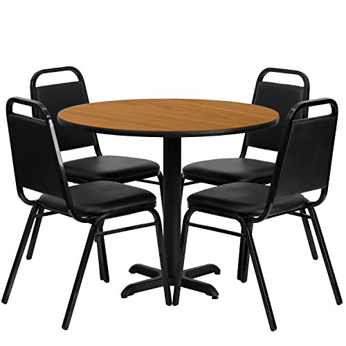 Flash Furniture Carlton 36'' Round Natural Laminate Table Set with X-Base and 4 Black Trapezoidal Back Banquet Chairs