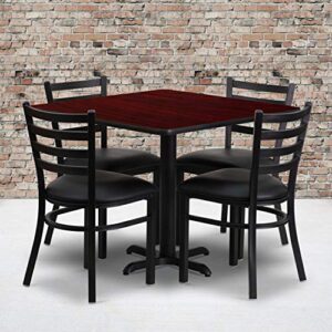 flash furniture 36'' square mahogany laminate table set with x-base and 4 ladder back metal chairs - black vinyl seat