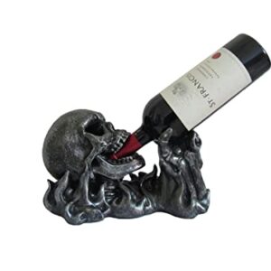 DWK - Gargle of Wine - Skeleton in Flames Tabletop Wine and Bottle Display Caddy Home Décor Dining Centerpiece Kitchen Accessory Bar Accent, Pewter Finish, 11.5-inch