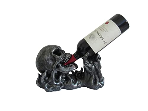 DWK - Gargle of Wine - Skeleton in Flames Tabletop Wine and Bottle Display Caddy Home Décor Dining Centerpiece Kitchen Accessory Bar Accent, Pewter Finish, 11.5-inch