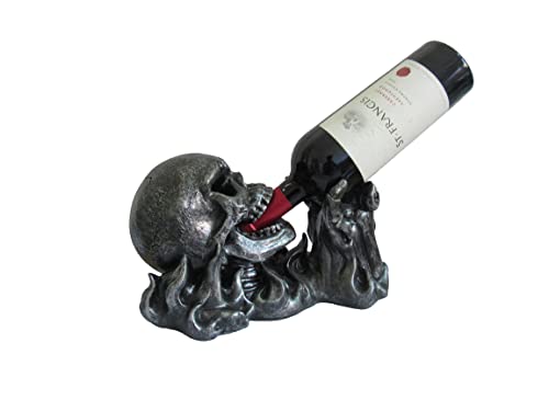 DWK - Gargle of Wine - Skeleton in Flames Tabletop Wine and Bottle Display Caddy Home Décor Dining Centerpiece Kitchen Accessory Bar Accent, Pewter Finish, 11.5-inch