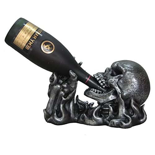 DWK - Gargle of Wine - Skeleton in Flames Tabletop Wine and Bottle Display Caddy Home Décor Dining Centerpiece Kitchen Accessory Bar Accent, Pewter Finish, 11.5-inch