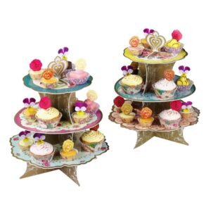talking tables afternoon tea cake stand floral party decorations | truly scrumptious |card, 3-tier blue & yellow, anniversary, 14", birthday, baby shower, wedding pink, blue, yellow
