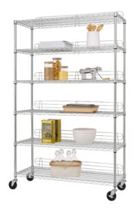 trinity ecostorage heavy duty 6-tier adjustable wire shelving with wheels and backstands for kitchen organization, garage shelving, nsf certified, 48” w x 18” d x 72-77” h, 800-4800 lb capacity chrome