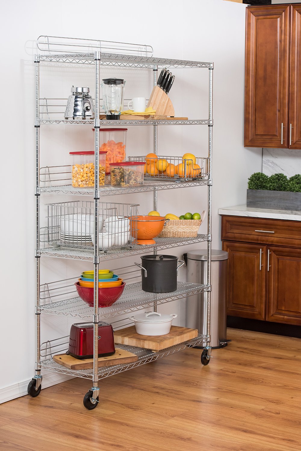 TRINITY EcoStorage Heavy Duty 6-Tier Adjustable Wire Shelving with Wheels and Backstands for Kitchen Organization, Garage Shelving, NSF Certified, 48” W x 18” D x 72-77” H, 800-4800 lb Capacity Chrome