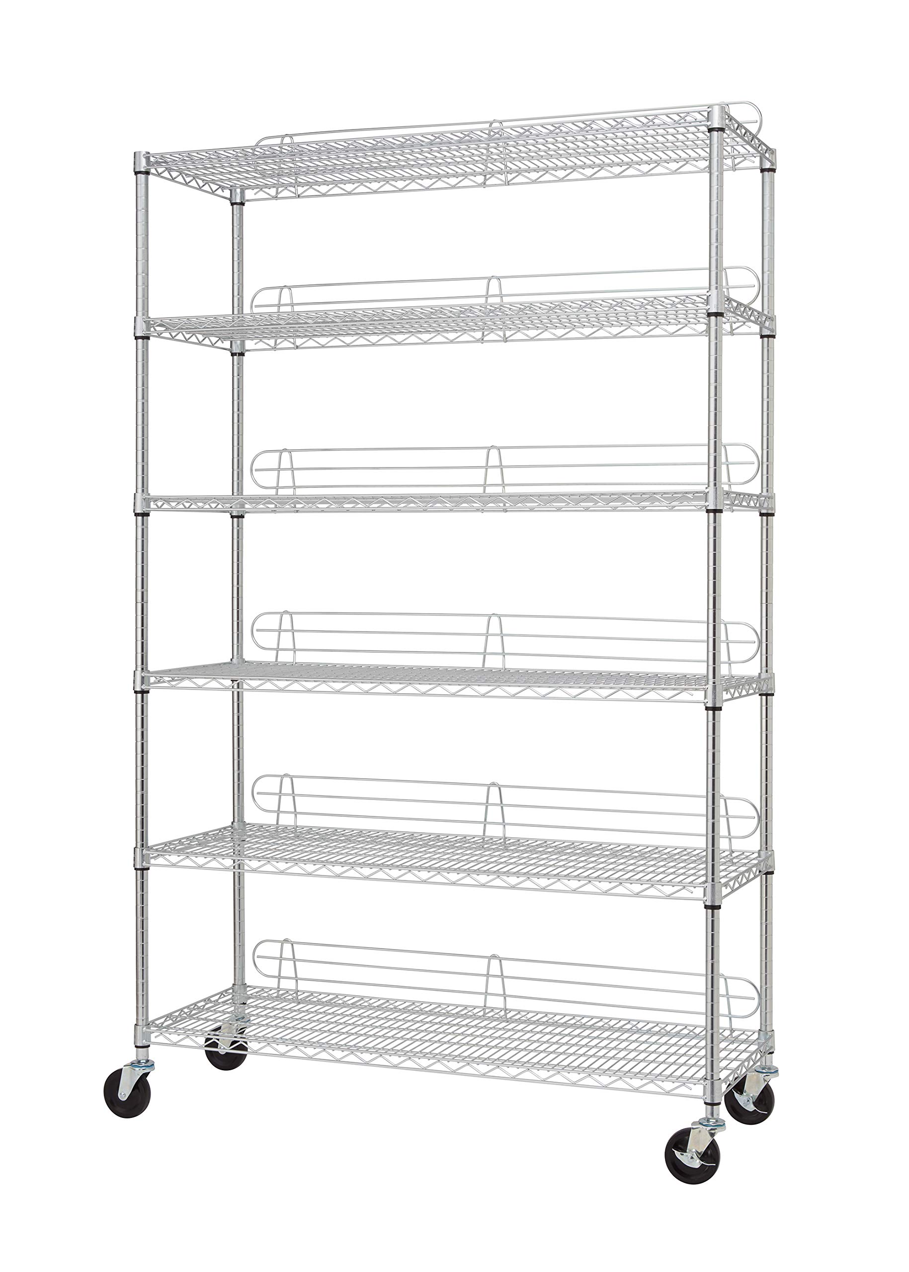 TRINITY EcoStorage Heavy Duty 6-Tier Adjustable Wire Shelving with Wheels and Backstands for Kitchen Organization, Garage Shelving, NSF Certified, 48” W x 18” D x 72-77” H, 800-4800 lb Capacity Chrome