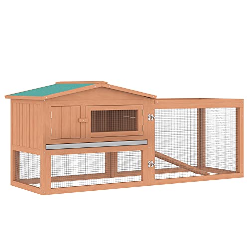 Pawhut 62" Outdoor Rabbit Hutch with Run, Guinea Pig Pet House Bunny Cage with Pull Out Tray, Waterproof Roof