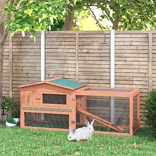 Pawhut 62" Outdoor Rabbit Hutch with Run, Guinea Pig Pet House Bunny Cage with Pull Out Tray, Waterproof Roof