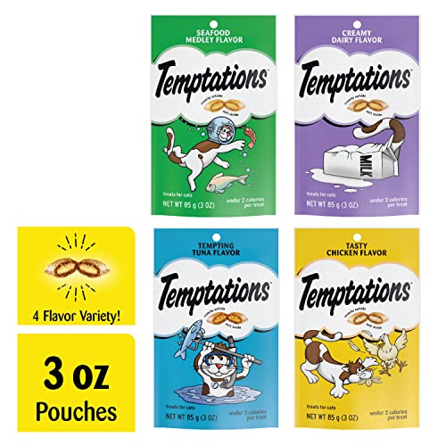 TEMPTATIONS Classic Crunchy and Soft Cat Treats Feline Favorite Variety Pack, 3 oz. Pouches,4 Count