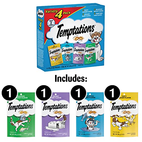 TEMPTATIONS Classic Crunchy and Soft Cat Treats Feline Favorite Variety Pack, 3 oz. Pouches,4 Count