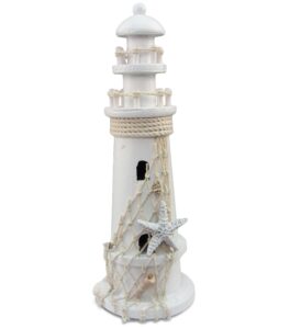 puzzled cota global white lighthouse decor - handmade and crafted wooden lighthouse decoration with starfish and fish net, decorative beach style tabletop centerpiece - 11 inches
