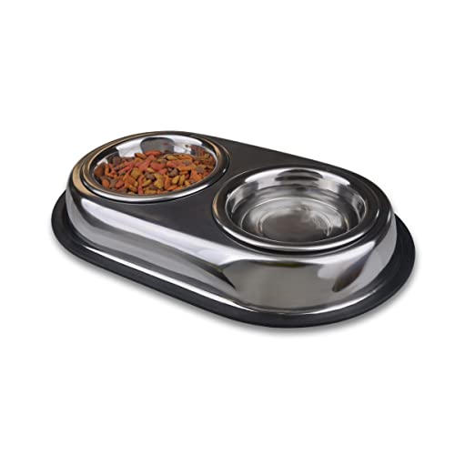 Van Ness Pets Stainless Steel Large Double Dish Dog Food And Water Bowl, 64 OZ, Wide No-Tip Base