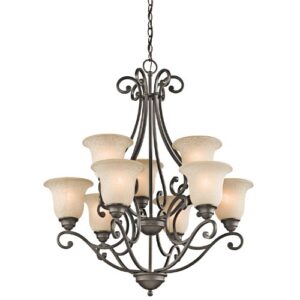 kichler camerena 34.5" two tier chandelier in olde bronze®, 9-light traditional dining room chandelier with white scavo with light umber inside tint, (30" w x 34.5" h), 43226oz
