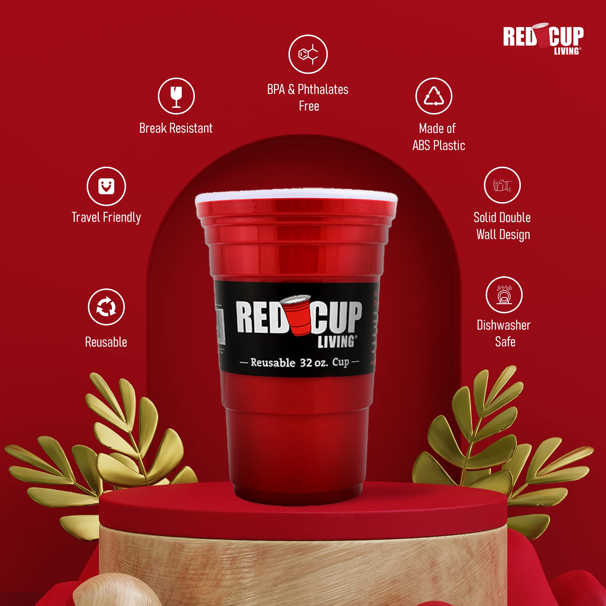 Red Cup Living 32 Oz Reusable Party Cup, Glass & Tumbler |Party Cups Ideal for Kids & Adults | Reusable Drinking Supplies for Birthday Party, Camping, Travel Outdoors |Durable & Unbreakable, BPA Free