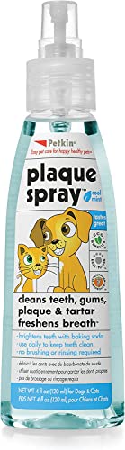 Petkin Plaque Spray, Cool Mint, 4 Fl Oz – Cleans Teeth & Gums, Removes Plaque & Tartar, Freshens Breath & Whitens Teeth with Baking Soda - Ideal Cat & Dog Dental Spray with No Brushing or Rinsing