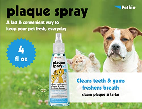 Petkin Plaque Spray, Cool Mint, 4 Fl Oz – Cleans Teeth & Gums, Removes Plaque & Tartar, Freshens Breath & Whitens Teeth with Baking Soda - Ideal Cat & Dog Dental Spray with No Brushing or Rinsing