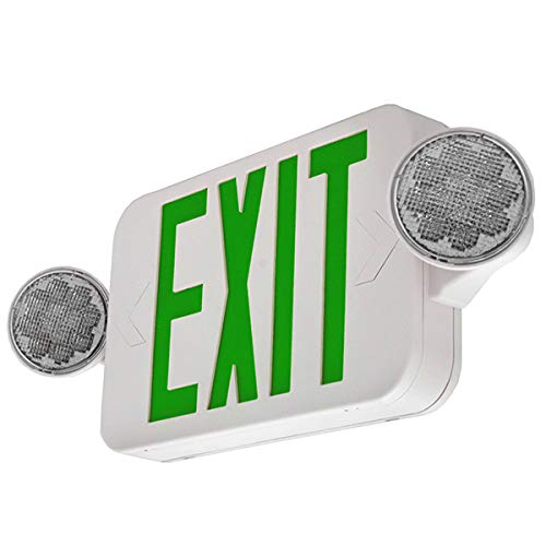 LFI Lights | Combo Green Exit Sign with Emergency Lights | White Housing | All LED | Two Adjustable Round Heads | Hardwired with Battery Backup | UL Listed | (1 Pack) | COMBOJR2-G