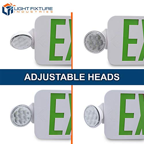 LFI Lights | Combo Green Exit Sign with Emergency Lights | White Housing | All LED | Two Adjustable Round Heads | Hardwired with Battery Backup | UL Listed | (1 Pack) | COMBOJR2-G