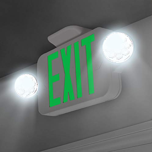 LFI Lights | Combo Green Exit Sign with Emergency Lights | White Housing | All LED | Two Adjustable Round Heads | Hardwired with Battery Backup | UL Listed | (1 Pack) | COMBOJR2-G