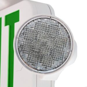 LFI Lights | Combo Green Exit Sign with Emergency Lights | White Housing | All LED | Two Adjustable Round Heads | Hardwired with Battery Backup | UL Listed | (1 Pack) | COMBOJR2-G