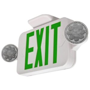 LFI Lights | Combo Green Exit Sign with Emergency Lights | White Housing | All LED | Two Adjustable Round Heads | Hardwired with Battery Backup | UL Listed | (1 Pack) | COMBOJR2-G