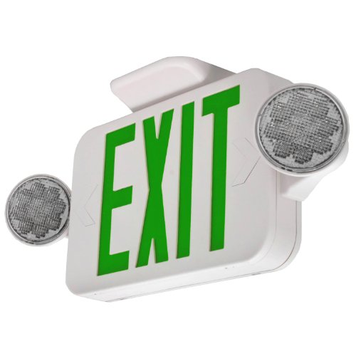 LFI Lights | Combo Green Exit Sign with Emergency Lights | White Housing | All LED | Two Adjustable Round Heads | Hardwired with Battery Backup | UL Listed | (1 Pack) | COMBOJR2-G