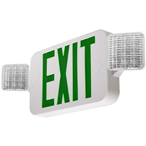 lfi lights | combo green exit sign with emergency lights | white housing | all led | two adjustable square heads | hardwired with battery backup | ul listed | (1 pack) | combo2-g