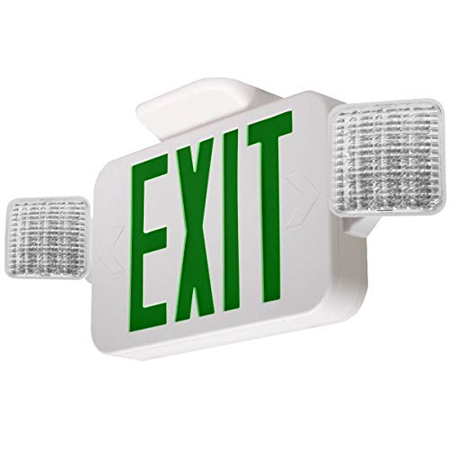 LFI Lights | Combo Green Exit Sign with Emergency Lights | White Housing | All LED | Two Adjustable Square Heads | Hardwired with Battery Backup | UL Listed | (1 Pack) | COMBO2-G