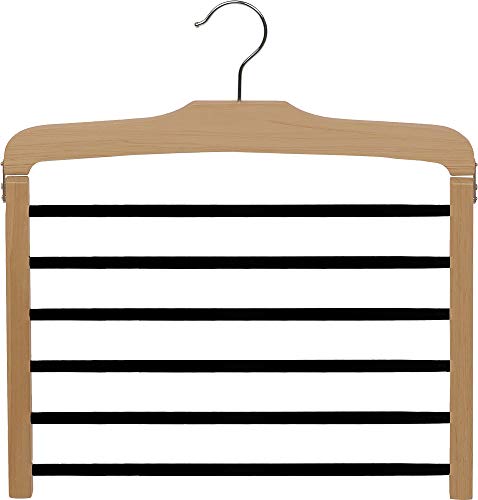 Wooden 6 Tier Pant Hanger w/ Black Velvet Non-Slip Bars, Box of 1 Wood Bottom Hanger w/ Natural Finish and Chrome Swivel Hook for Jeans Slacks or Trouser by The Great American Hanger Company