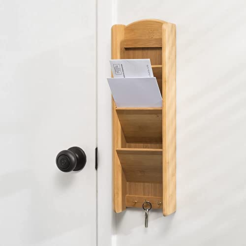 Home Basics Letter Rack, Mail Organizer Holder 3-Tier with 3 Key Hooks, Natural