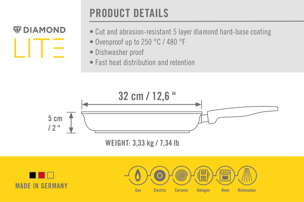 Woll Diamond Lite Diamond Reinforced Non-stick, Anti-Corrosion, Cut-Resistant, Light Weight Fry Pan with Clear Lid, 12.5-Inch, Made in Germany