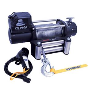 superwinch 1595200 tiger shark 9500 12v dc winch 9,500lb/4,309kg single line pull with roller fairlead, 21/64" x 95' steel wire rope, corded handheld remote