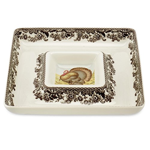 Spode Woodland Square Chip and Dip Serving Set with Turkey Motif | 12" Large Serving Platter for Thanksgiving | Ideal for Snacks, Veggies, and Appetizers