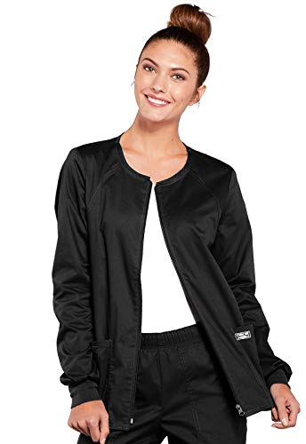 Cherokee Zip Front Scrub Jackets for Women, Workwear Core Stretch Soft Brushed Twill 4315, M, Black